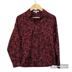 FoxCroft zip lightweight jacket. Black with burgundy paisley. Women’s size 8P